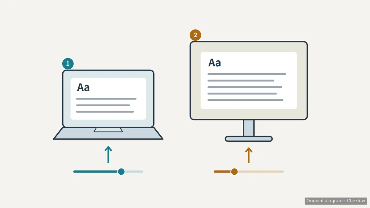 Diagram of a laptop and external monitor showing readable text and a separate size control for each screen