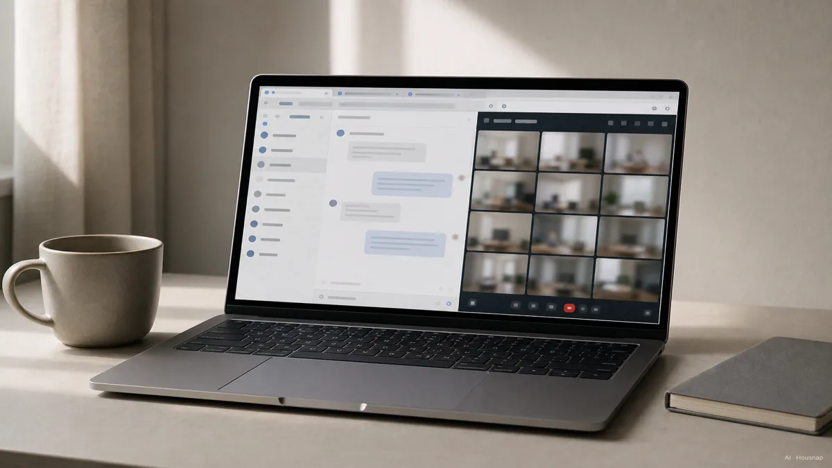 Image: a clean desk with an open thin work laptop showing several browser tabs, a chat window, and a video call tiled side by side, soft daylight — AI illustration