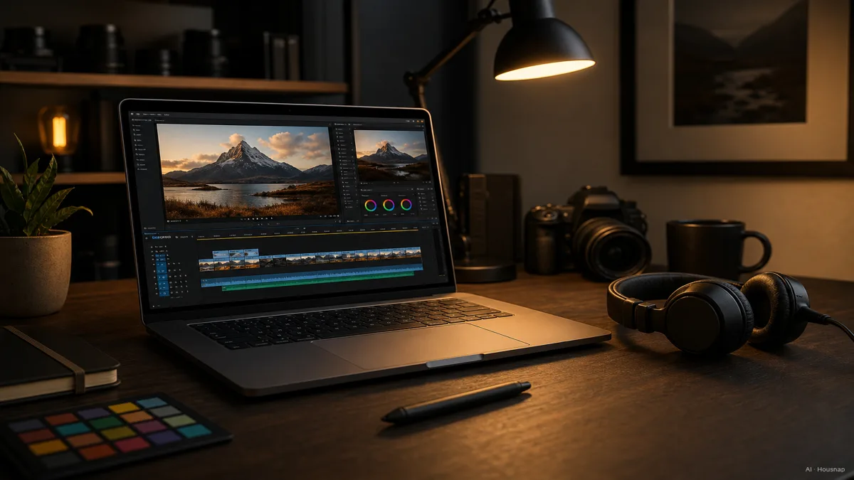 Image: a creator workstation with a laptop running a 4K video timeline, a color-graded clip on screen, a photo edit open on a second window, warm focused lighting — AI illustration
