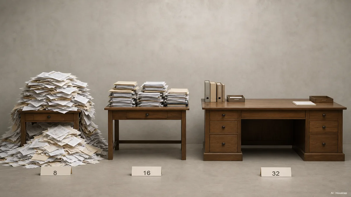Image: a simple visual metaphor of three desks of increasing size labeled 8, 16, and 32, the smallest overflowing with papers spilling onto the floor, the largest tidy with room to spare — AI illustration