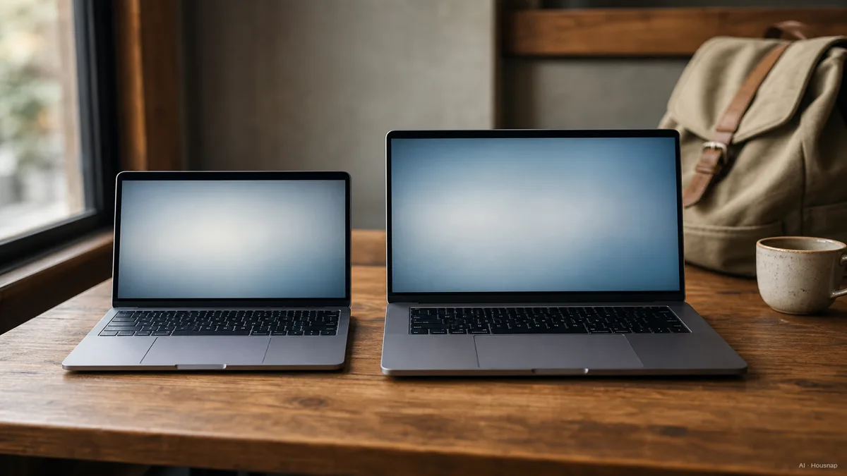 Image: two open laptops side by side on a wooden table, one visibly smaller and one larger, a backpack and a coffee cup nearby suggesting daily carry, soft natural light — AI illustration