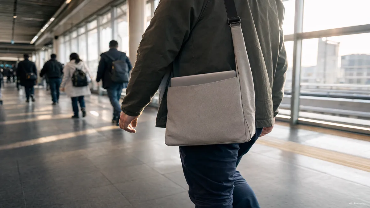 Image: a person walking through a transit station with a slim laptop in a shoulder bag, the bag light and close to the body, motion and daylight — AI illustration