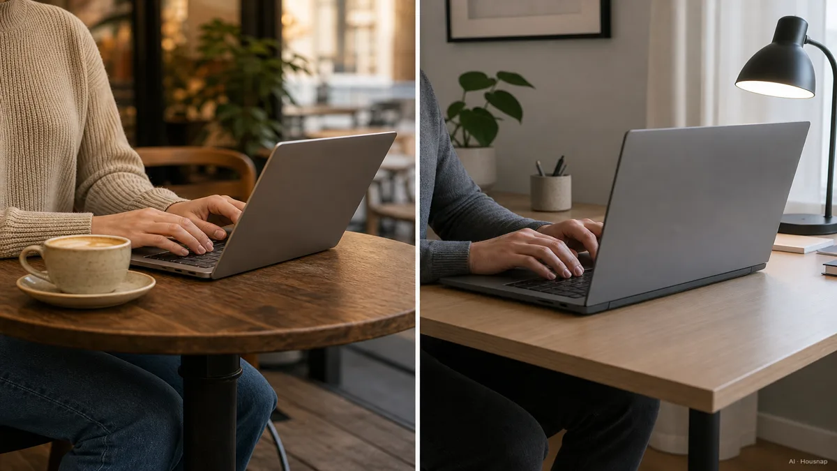 Image: a split scene, on one side a student at a small café table with a compact laptop, on the other a person at a tidy home desk with a larger laptop open, warm even lighting — AI illustration