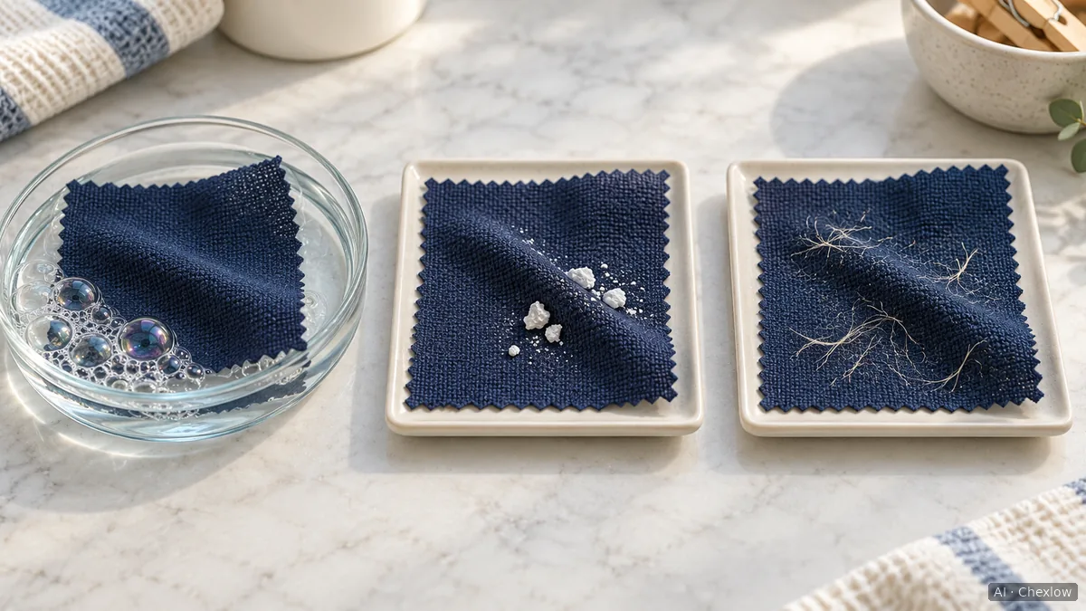 Illustrated comparison of bubbles around wet navy fabric, white clumps on a second fabric sample and loose pale fibres on a third