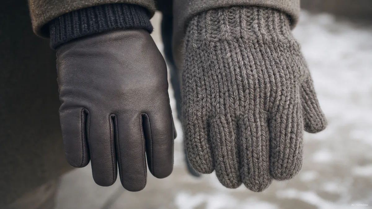 Image: two gloved hands side by side outdoors in cold daylight, one wearing a smooth leather glove and one wearing a chunky wool knit glove, the texture and knit density difference clearly visible (AI generated illustration)