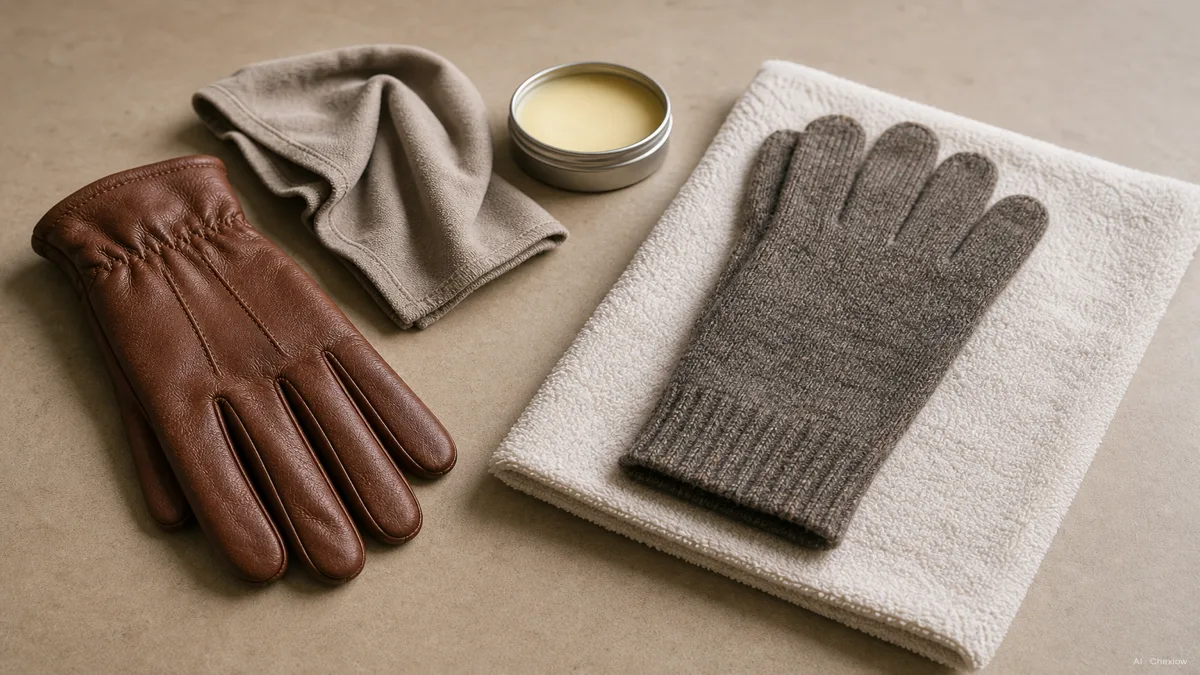 Image: a flat lay of glove care, a leather glove beside a soft cloth and a small tin of leather conditioner, a wool glove laid flat on a towel to dry, on a warm neutral surface in soft light (AI generated illustration)