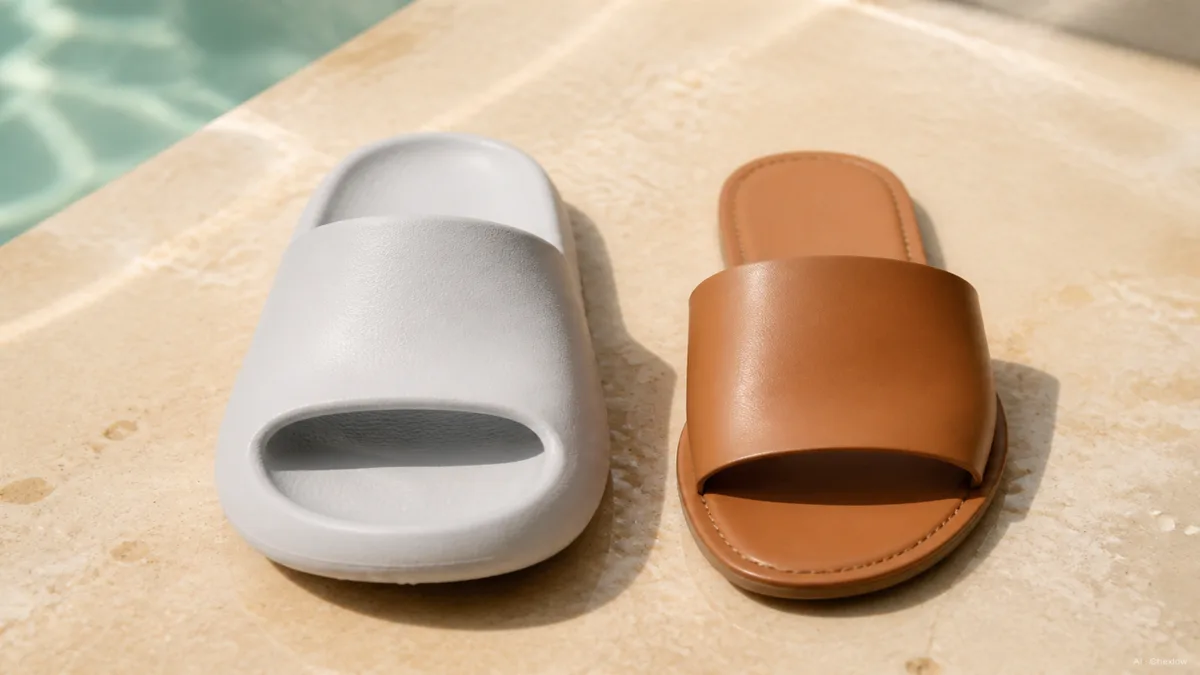 Image: Close-up of a single-band foam slide and a flat leather slide side by side on a sunlit poolside tile, water droplets nearby