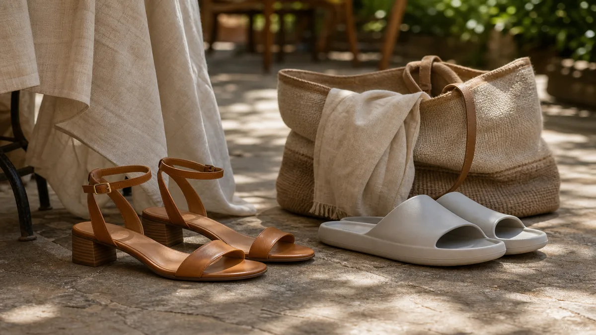 Image: A leather ankle-strap sandal styled with a linen outfit on a cafe terrace, contrasted with a casual slide left by a beach bag