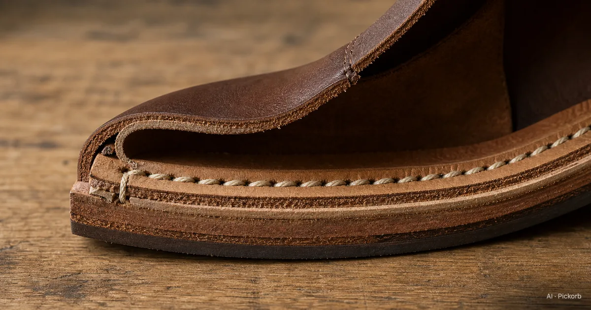 Goodyear welt 制法皮鞋的断面特写，可以看到沿周的 welt 条与外露车线，皮制鞋面与皮底层叠在一起（AI生成插图）