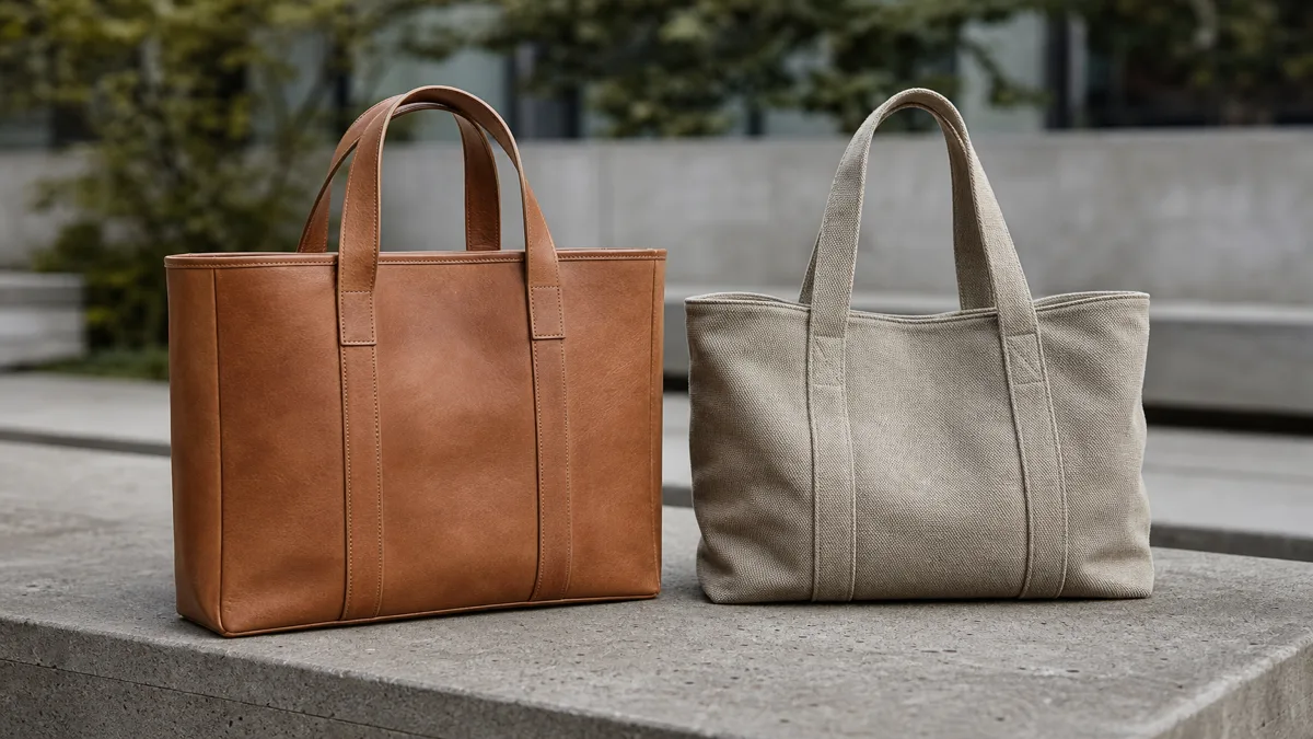A full-grain leather work tote and a heavy canvas work tote standing side by side on a concrete bench, no visible brand marks, soft daylight (AI generated illustration)