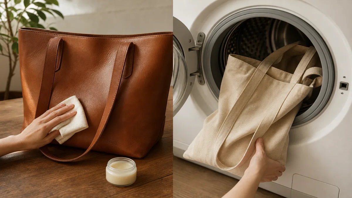 A leather tote being wiped with conditioner on a wooden table next to a canvas tote going into a washing machine, no brand logos (AI generated illustration)