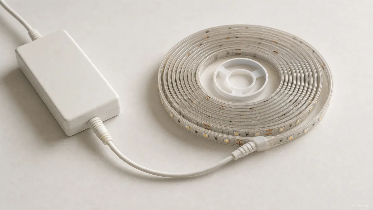 Image: a coiled LED strip roll next to a small power supply brick, DC cable connecting them, clean product-style flat lay on a light surface — AI illustration