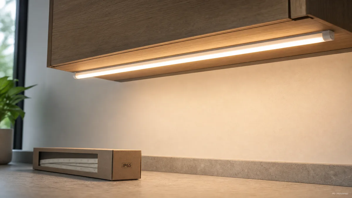 Image: a kitchen upper cabinet with an LED strip installed underneath, warm white glow, IP65 label visible on the packaging beside it — AI illustration