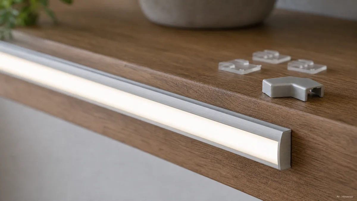 Image: an aluminum channel with diffuser cover holding an LED strip along a shelf edge, corner connector piece and extra adhesive clips laid out nearby — AI illustration