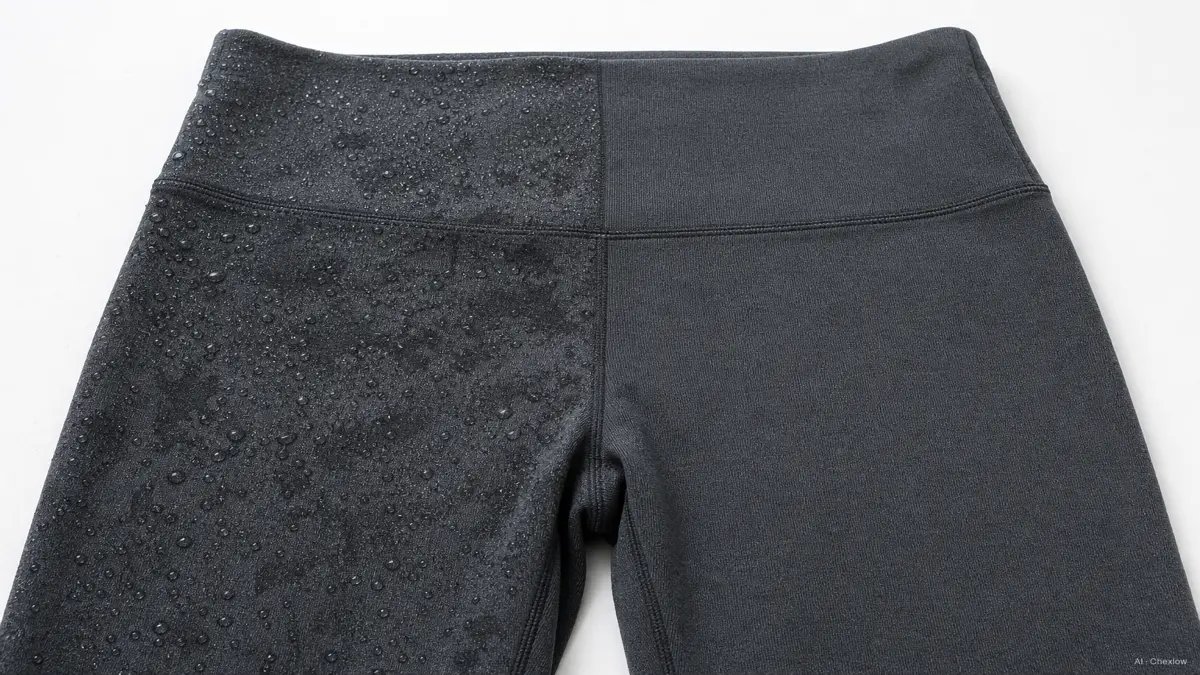 Image: a pair of dark leggings laid flat with a fine water mist beading and spreading across the knit, half the fabric visibly damp and half dry, soft studio light
