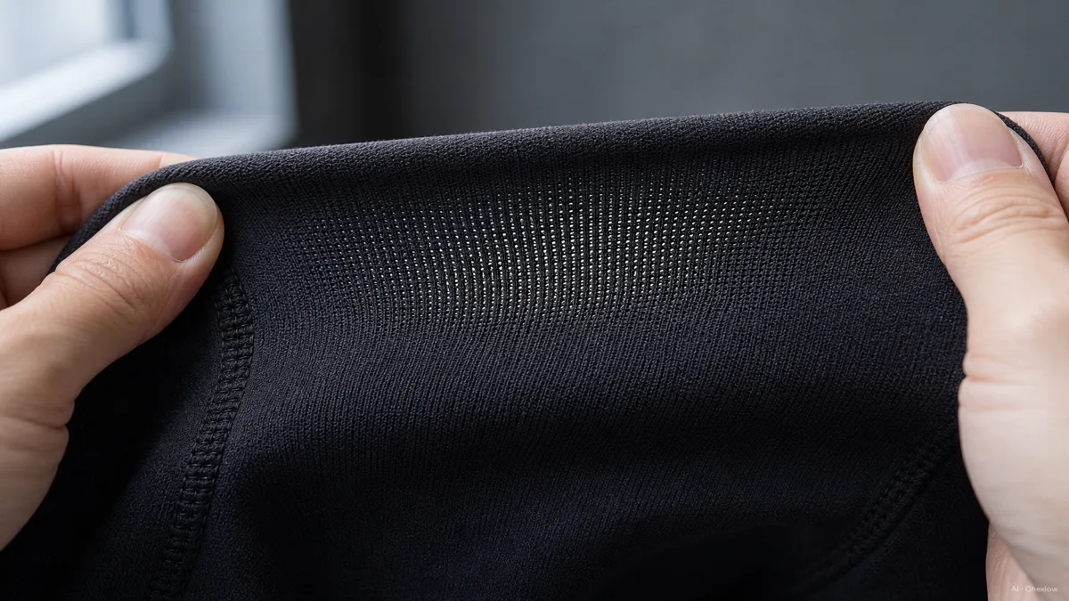 Image: a close macro of legging fabric being gently stretched between two hands, the knit opening slightly, showing the elastic recovery of the weave