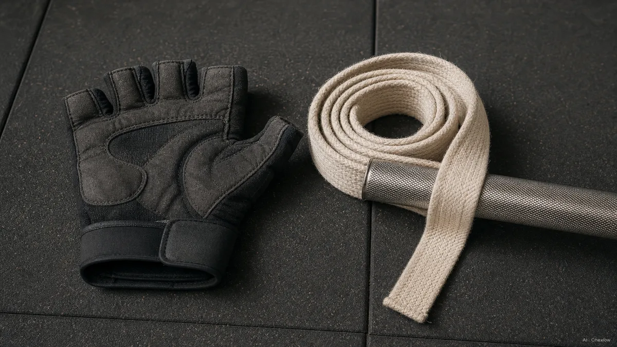 Image: A lifting glove and a coiled cotton lifting strap laid flat side by side on a rubber gym floor, one wrapping a barbell knurl, soft overhead light, no brand marks