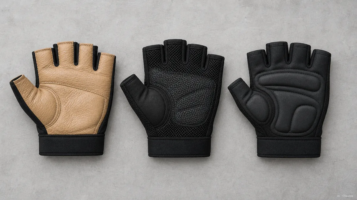 Image: Three open gym gloves arranged in a row showing a leather palm, a neoprene mesh back, and a thick gel pad, top-down view on neutral background, no logos