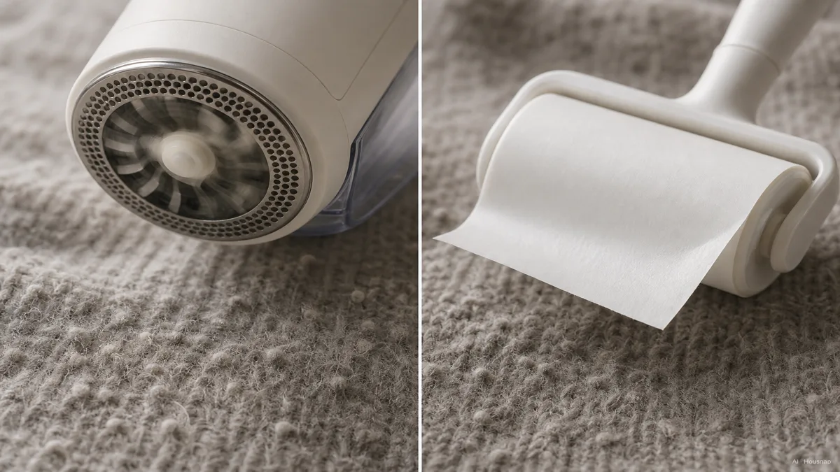 Image: split-screen close-up showing an electric fabric shaver's rotating blade under a mesh guard on one side and a sticky lint roller's adhesive sheet on the other, both held just above a pilled sweater, soft natural light, no visible branding — Illustration IA