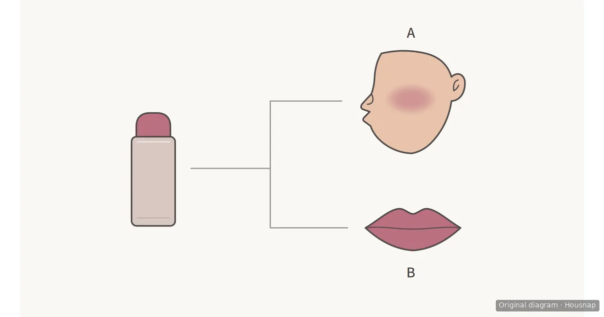 An unbranded rose-colored makeup stick branches toward a cheek outline marked A and a lip outline marked B.