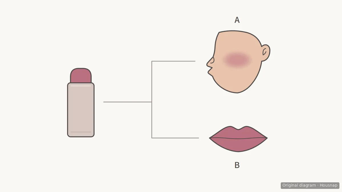An unbranded rose-colored makeup stick branches toward a cheek outline marked A and a lip outline marked B.