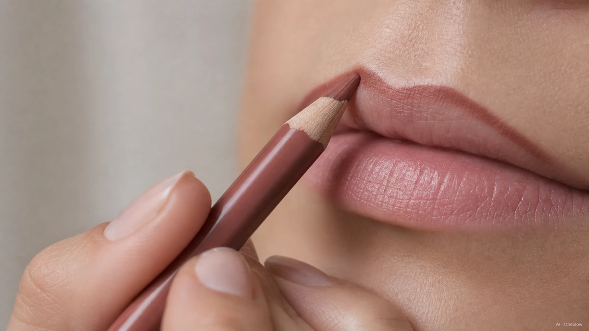 Image: A close crop of a hand drawing a precise lip liner outline along the cupid's bow with a sharpened neutral-toned pencil, soft studio light, no visible brand marks
