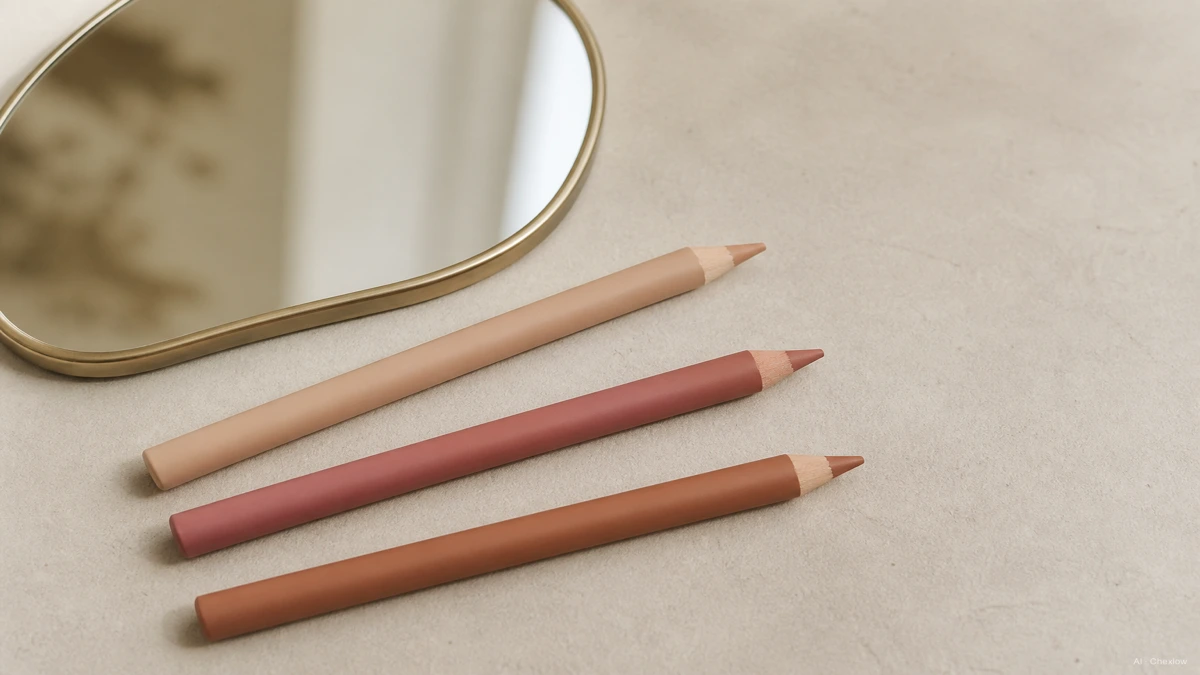 Image: A flat lay of three neutral-toned lip liner pencils in beige, rose, and caramel shades next to a small mirror, soft daylight, no logos visible
