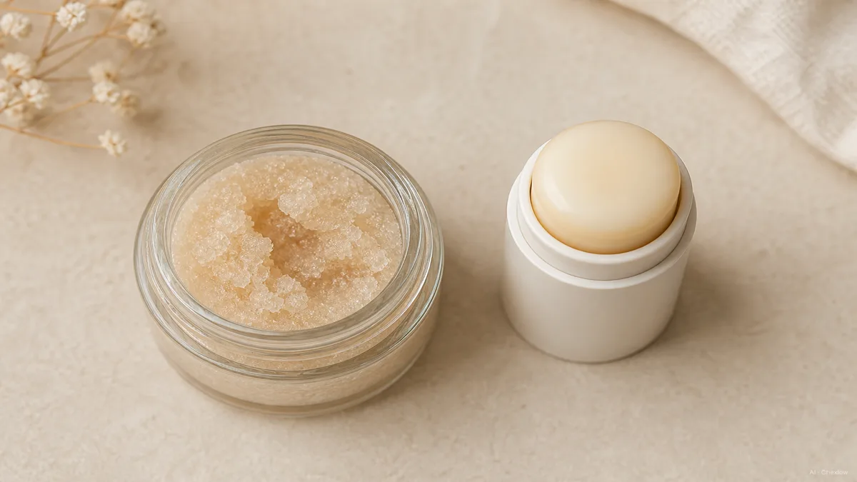 Image: A close, softly lit flat-lay comparing two unbranded lip exfoliant formats side by side, a small glass jar with visible sugar granules and a rounded balm stick with a smooth surface, warm neutral tones, no logos or text