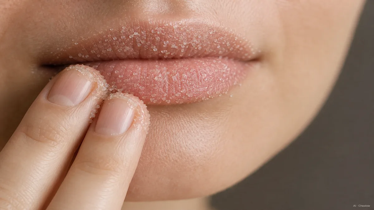 Image: A close, warmly lit shot of two fingertips gently massaging a scrub onto lips in a soft circular motion, calm and reassuring mood, natural skin tone, no logos or text