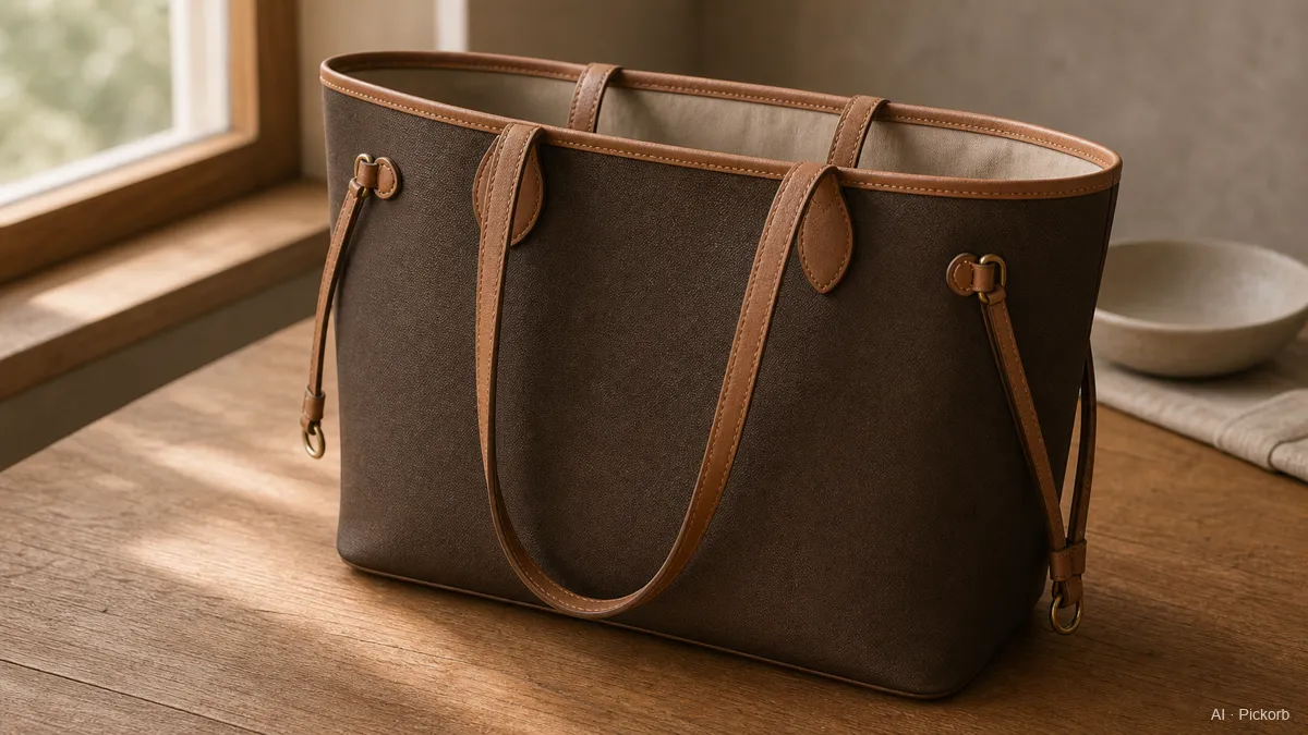 Close-up de uma tote retangular aberta de lona marrom inspirada na Louis Vuitton, com couro caramelo, tiras laterais de ajuste e interior claro sobre carvalho (ilustração gerada por IA)