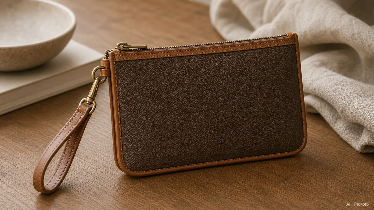 Close-up de um pouch pequeno e plano com zíper em lona marrom inspirado na Louis Vuitton, com acabamento em couro caramelo e alça curta de pulso sobre carvalho fosco (ilustração gerada por IA)