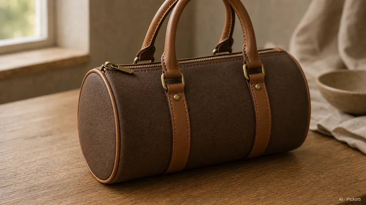 Close-up de uma pequena bolsa cilíndrica de lona marrom inspirada na Louis Vuitton, com acabamento em couro caramelo e alças duplas sobre carvalho fosco (ilustração gerada por IA)