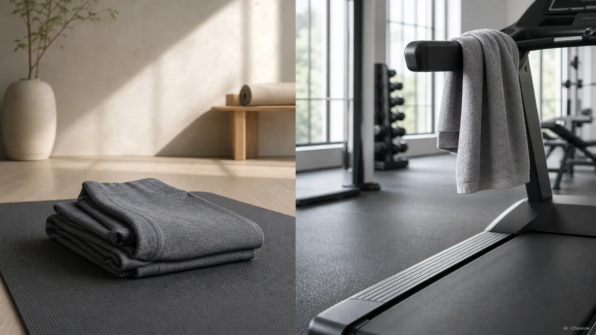 Image: a split composition, left half a calm yoga studio with soft folded leggings on a mat, right half a bright gym with a treadmill and a sweat towel, the same soft light connecting both halves