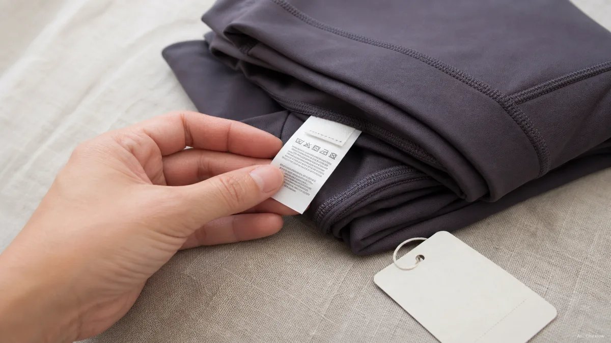 Image: a close-up of a legging care label being read by hand next to a folded pair of leggings and a small price tag, soft neutral background