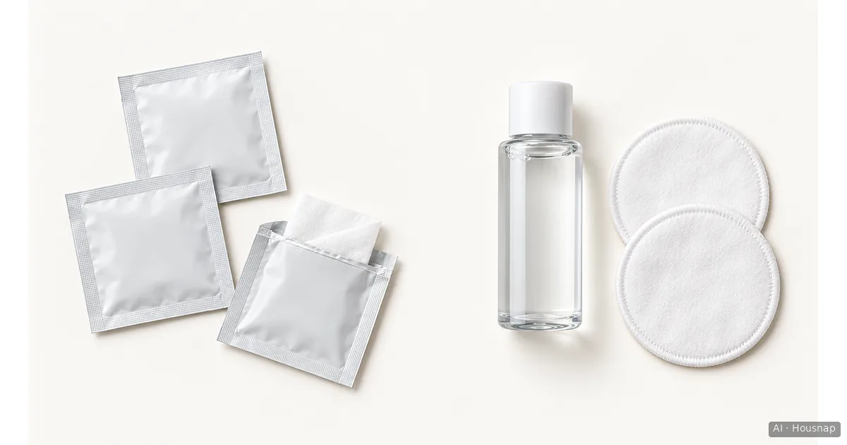 Individual wipe sachets, including one opened to reveal a white wipe, arranged beside a capped remover bottle and two round pads — AI illustration