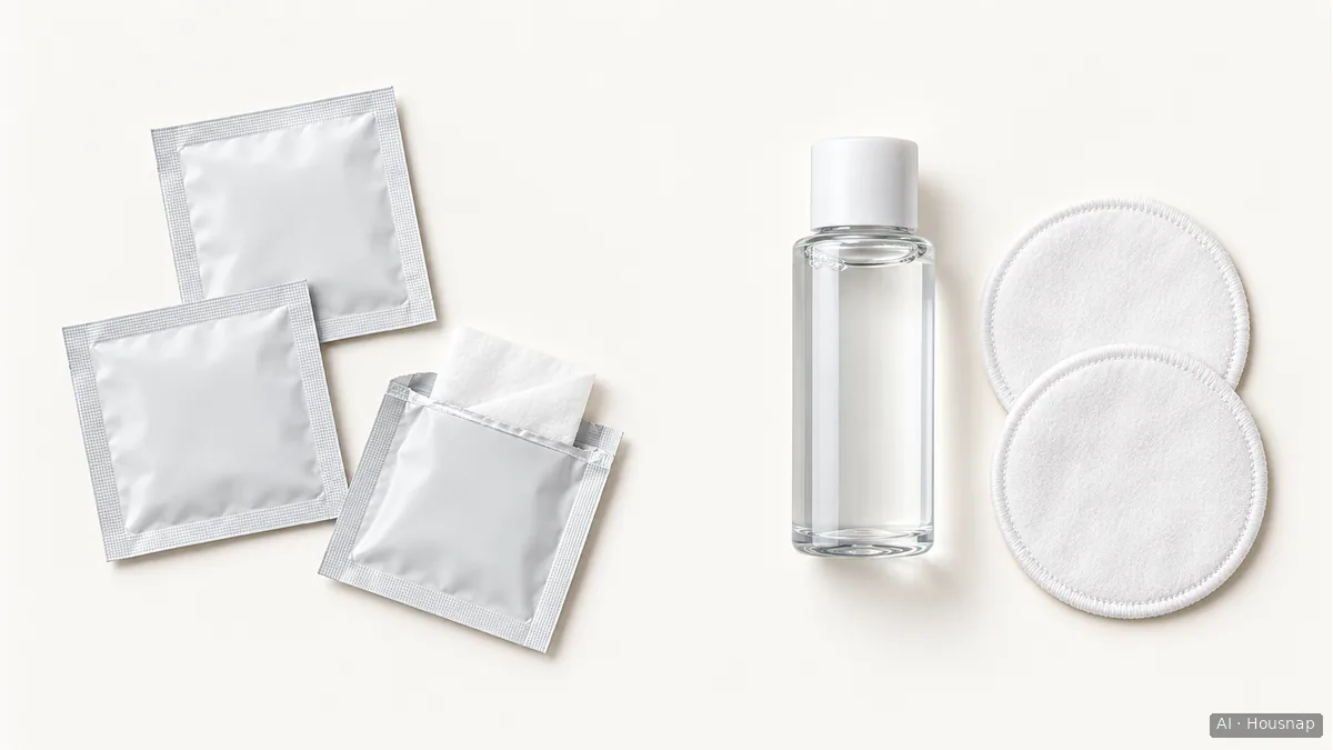 Two unopened wipe sachets and one open sachet showing a white wipe, beside a capped bottle and two round application pads — AI illustration