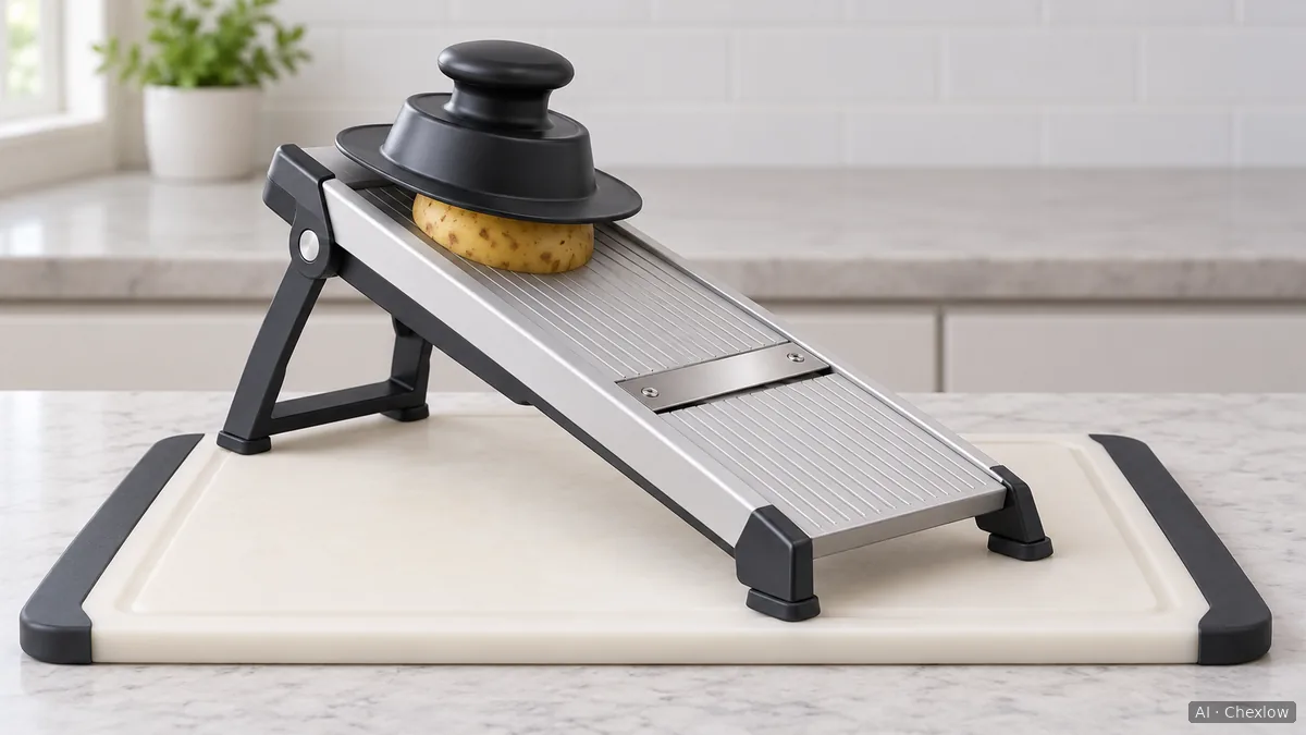 An unbranded footed mandoline rests on a non-slip cutting board, with a potato held beneath its food holder on the upper slicing deck and the blade farther down the deck.