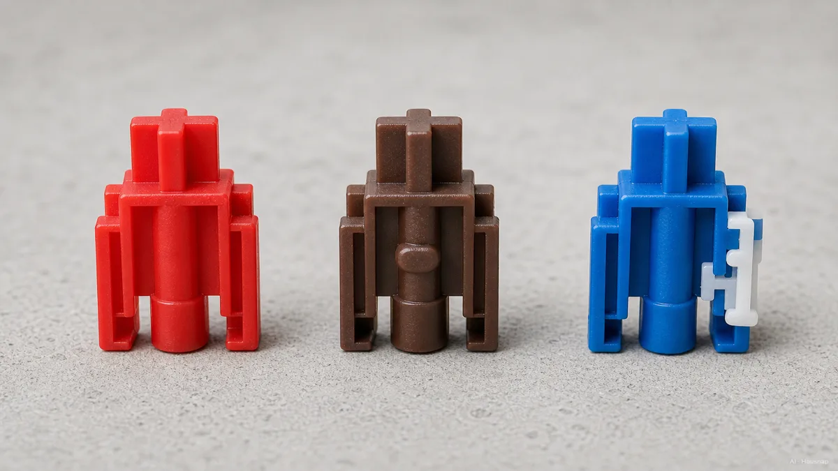 Image: three mechanical keyboard switches cut away side by side showing a smooth linear stem, a tactile stem with a bump, and a clicky stem with a click mechanism, color-coded red, brown, and blue — AI illustration