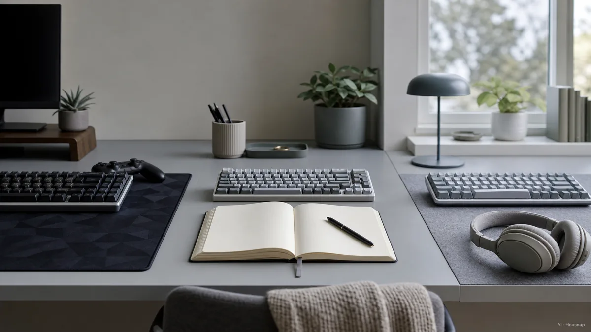 Image: split scene showing the same desk in three modes, a fast-paced gaming session, a long writing session, and a quiet shared office, each suggesting a different switch feel — AI illustration
