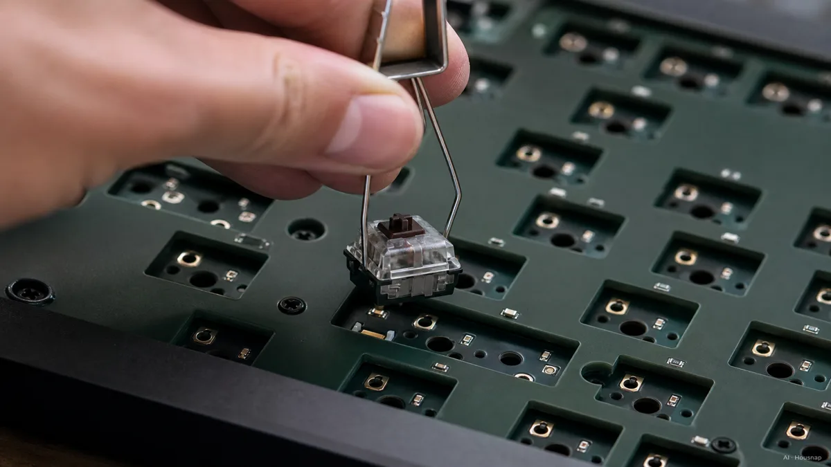 Image: a hand pulling a single switch out of a hot-swappable keyboard socket with a switch puller, exposed sockets visible, no soldering iron in sight — AI illustration