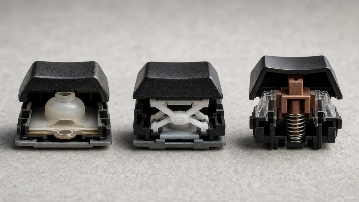 Image: cutaway diagram comparing three keyboard key structures side by side, a rubber dome membrane key, a scissor-switch key with the plastic scissor mechanism visible, and a mechanical switch with a metal spring and stem, labeled clearly — AI illustration