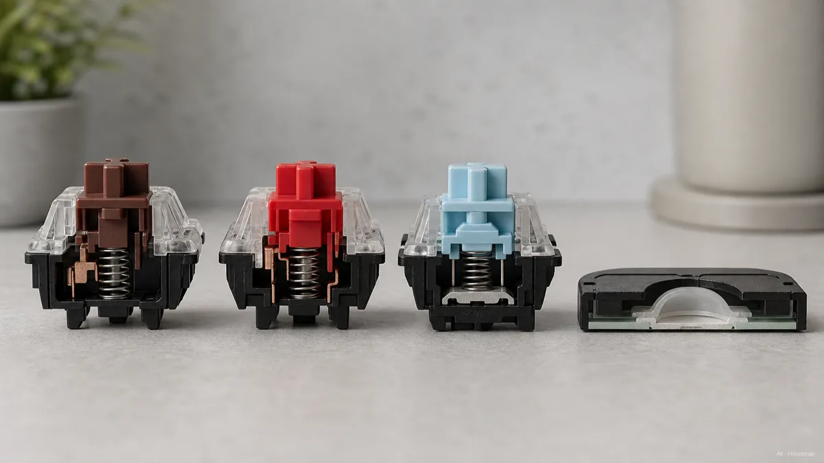 Image: three mechanical switch cross-sections next to a single membrane rubber dome cross-section, showing the spring stem, tactile bump, and click mechanism versus the plain collapsing dome — AI illustration