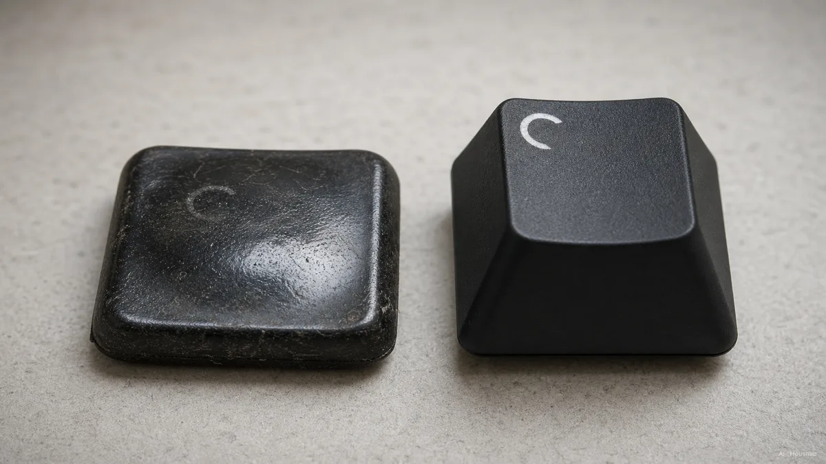 Image: a worn, shiny membrane keyboard key next to a crisp, sharply lettered mechanical keyboard key, suggesting years of daily use side by side — AI illustration