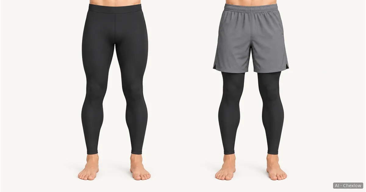 Side-by-side illustration of dark full-length tights worn alone and under loose grey shorts, shown from waist to ankles.
