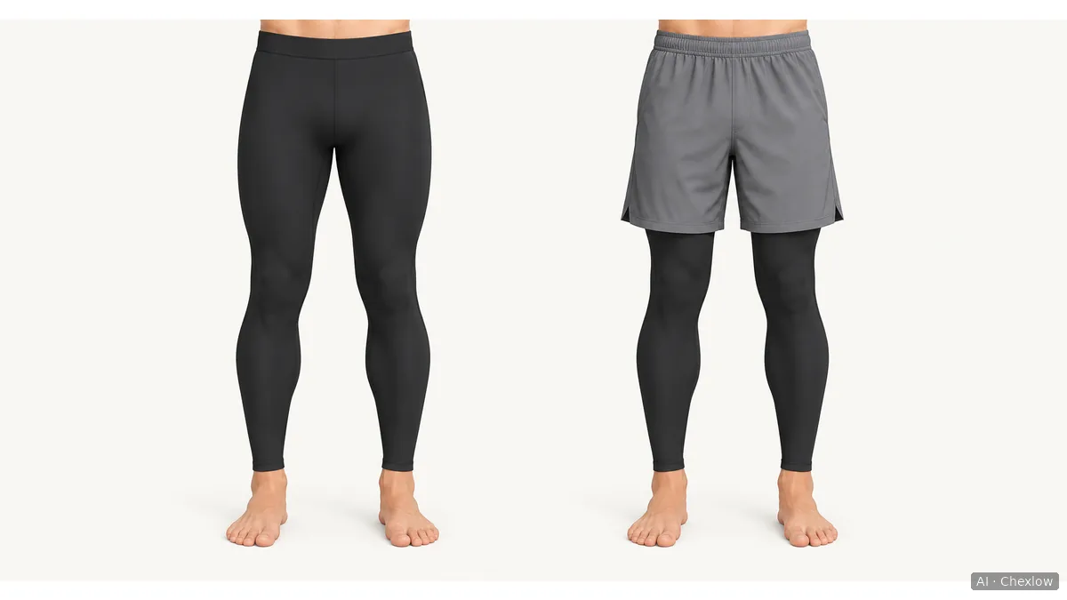 Two side-by-side views from waist to ankles: dark full-length tights alone, and the same style of tights under loose grey shorts.