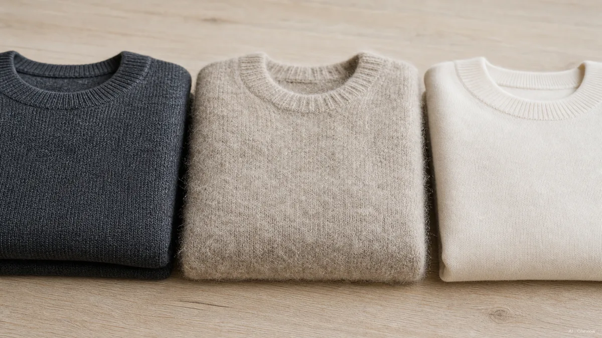 Image: three folded sweaters side by side on a pale oak surface in soft daylight, one tight springy merino, one slightly fuzzy lambswool, one fine smooth cashmere, showing the difference in surface texture (AI generated illustration)