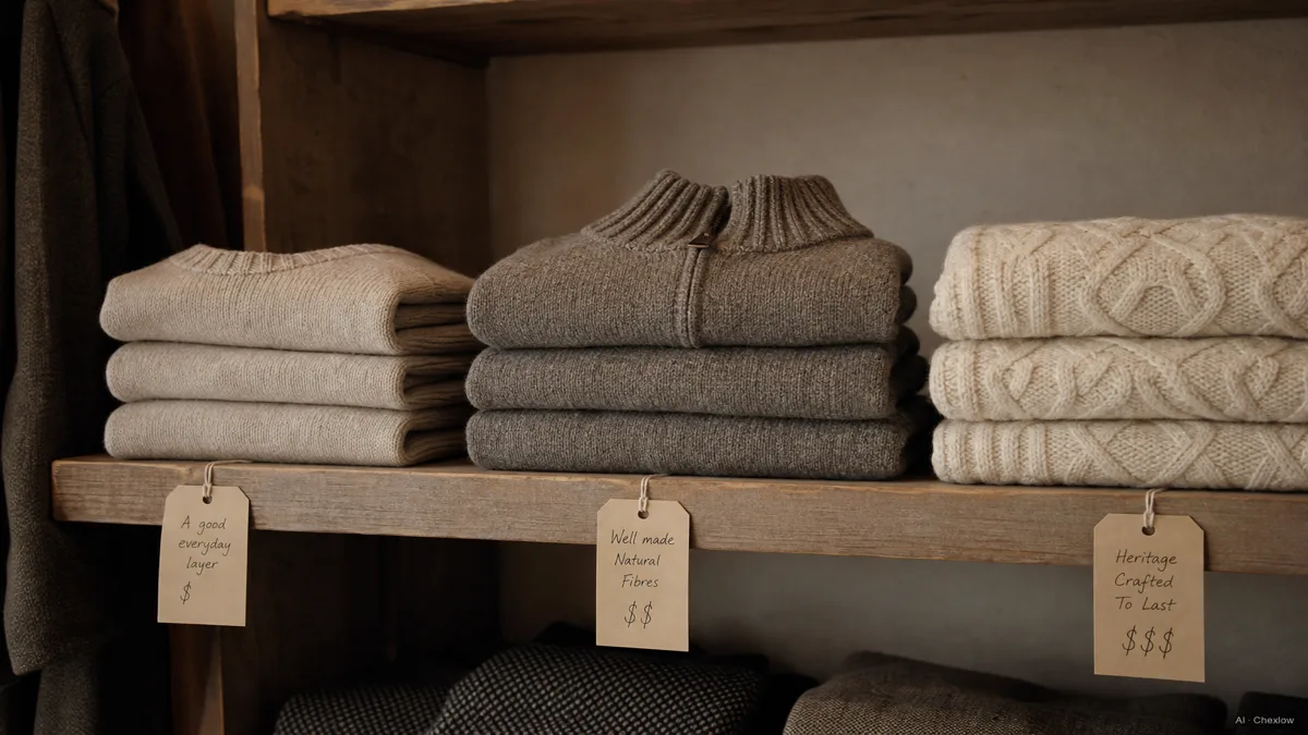 Image: a quiet retail rail of folded knitwear with three small handwritten price tags, one low, one middle, one high, on a warm neutral background in soft light (AI generated illustration)