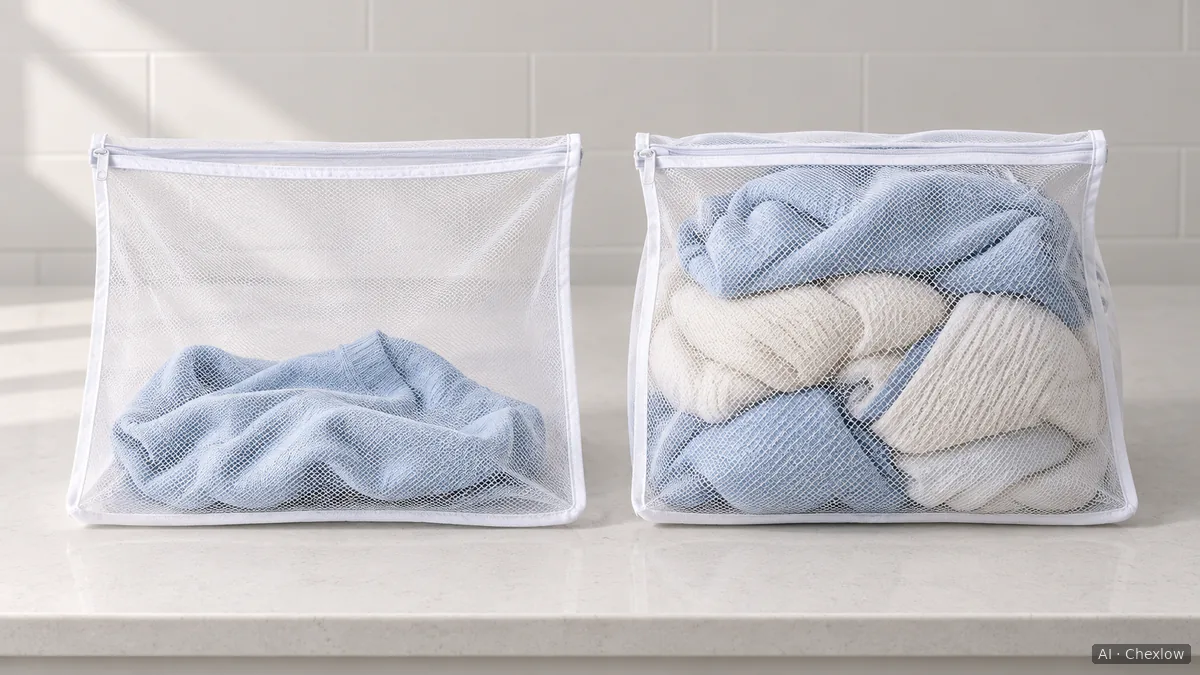 Two mesh wash bags on a laundry counter, one loosely holding a garment with spare room and the other packed tightly against its zipper