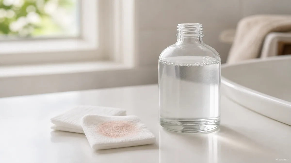 Image: A clear bottle of micellar water beside a folded cotton pad on a bright bathroom counter in soft daylight, a faint makeup smudge on the used pad, no brand marks visible