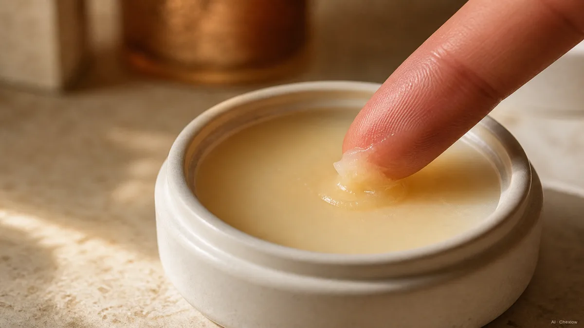 Image: A small open tub of solid cleansing balm with a fingertip lifting a melting scoop, the texture turning from balm to oil, warm editorial light, no brand visible